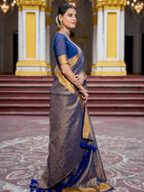 Women's Blue Cotton Zari Saree