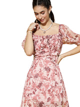 Women's Pink Casual Regular Fit Printed Half Sleeves Dress