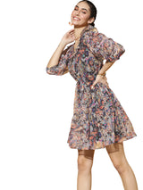 Women's Brown Casual Regular Fit Printed Three Quarter Sleeves Dress