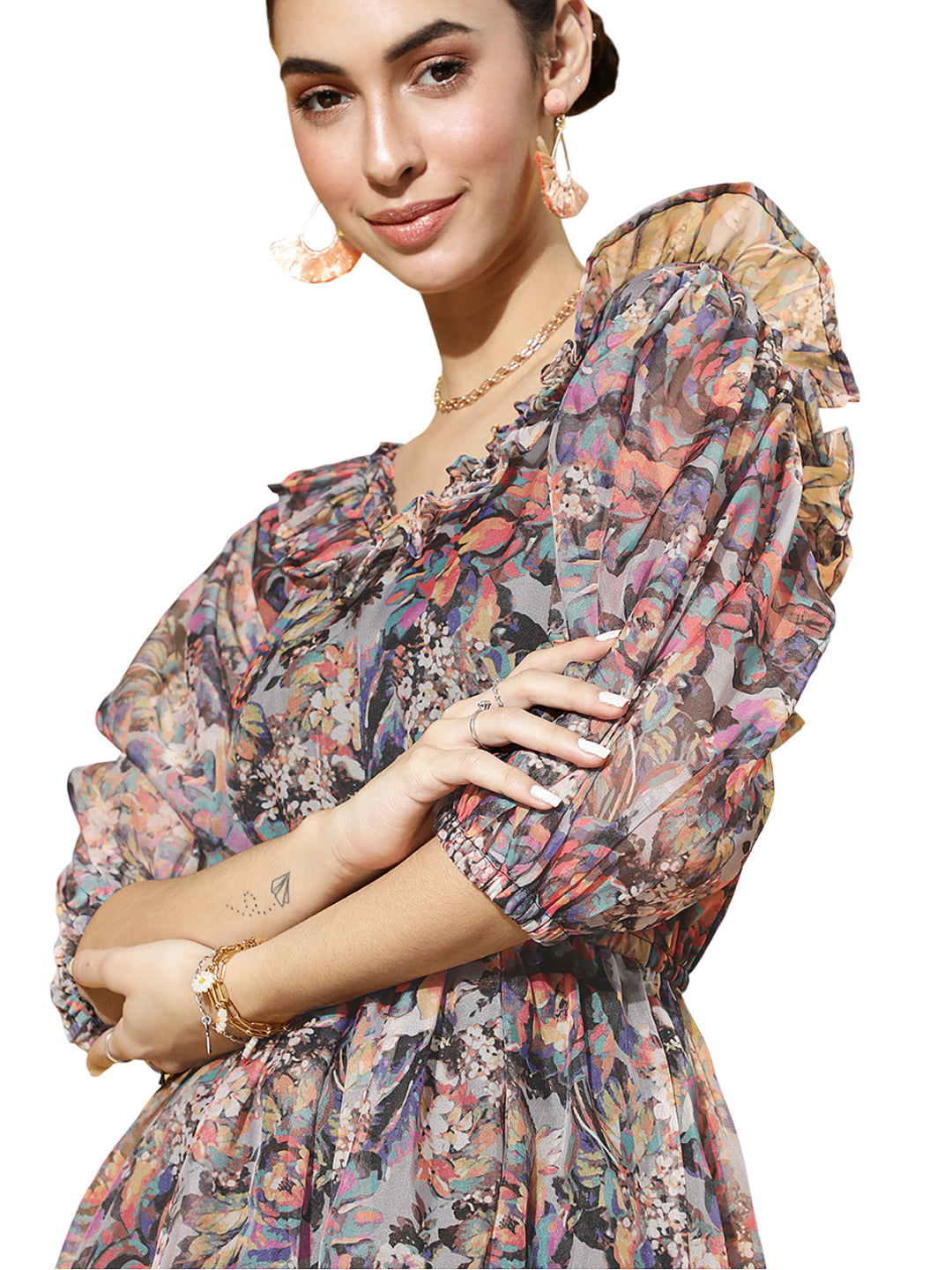 Women's Brown Casual Regular Fit Printed Three Quarter Sleeves Dress