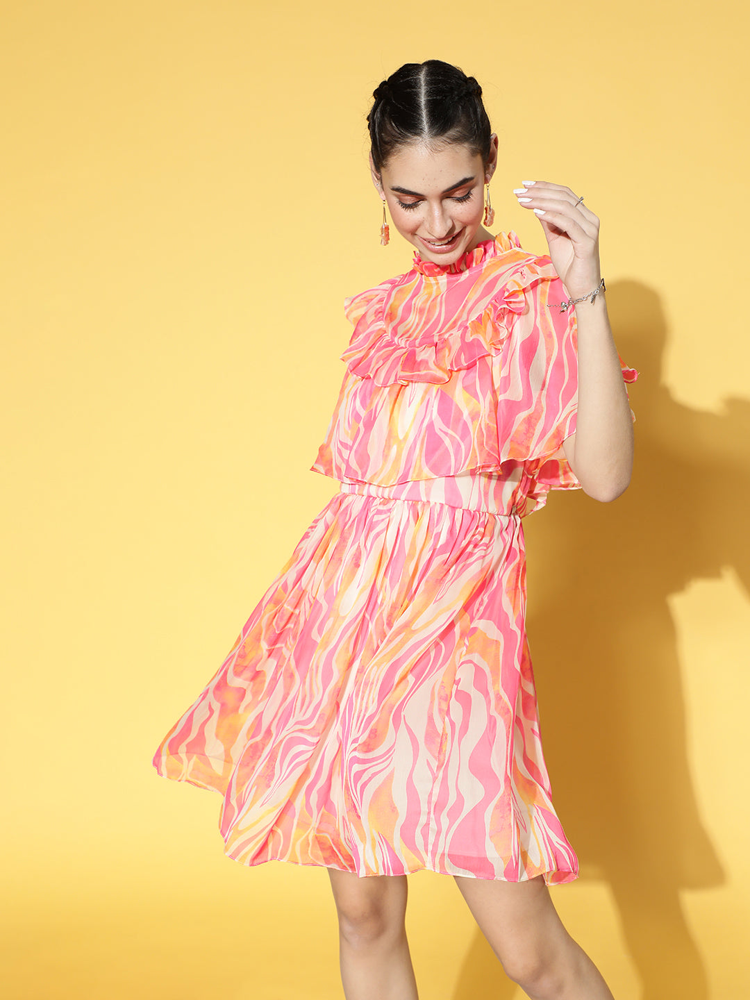 Women's Pink Casual Regular Fit Printed Half Sleeves Dress