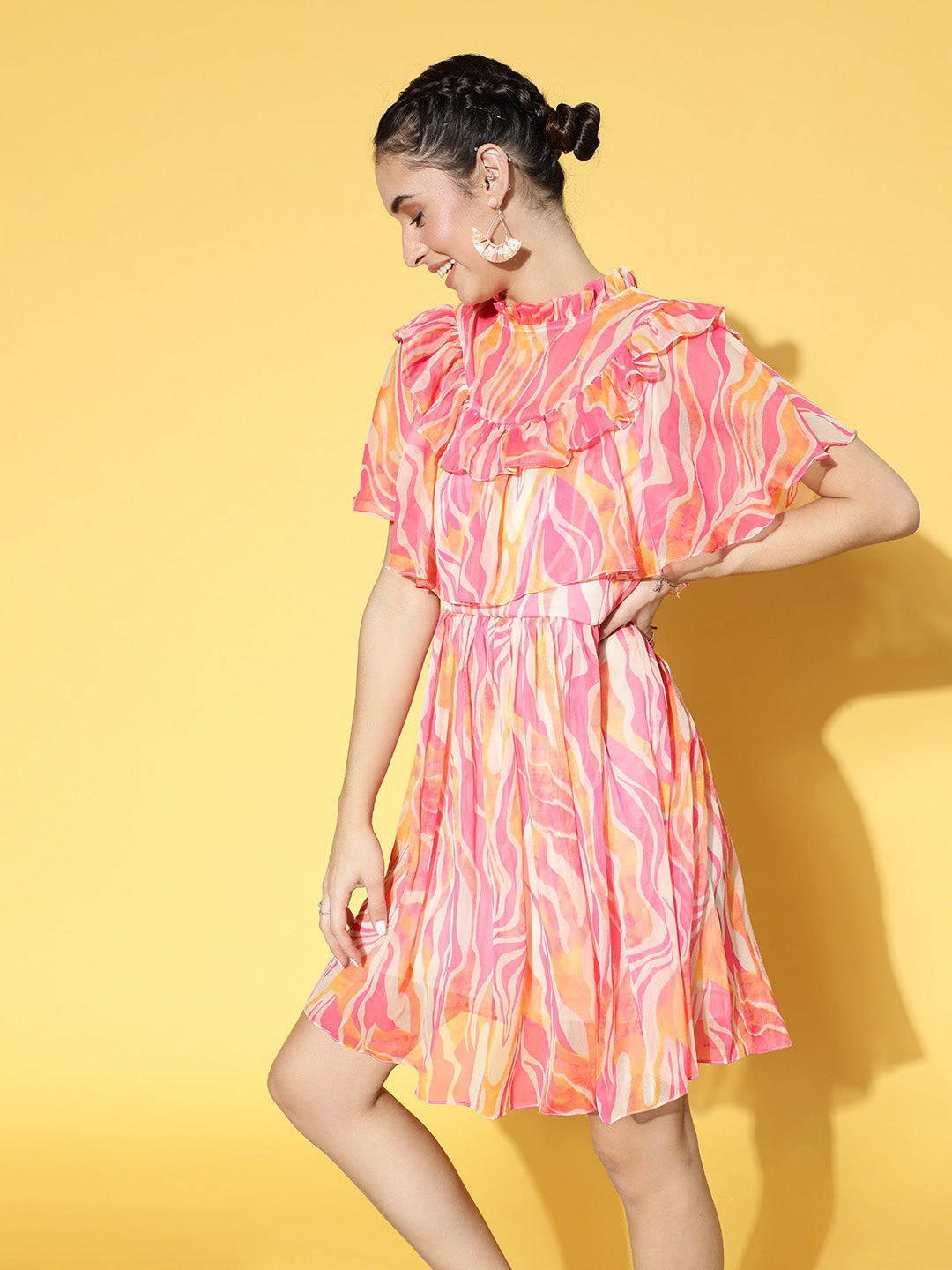 Women's Pink Casual Regular Fit Printed Half Sleeves Dress