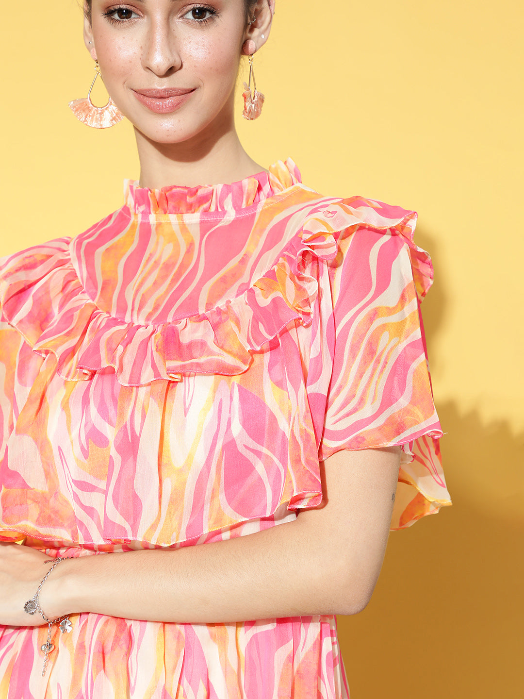 Women's Pink Casual Regular Fit Printed Half Sleeves Dress