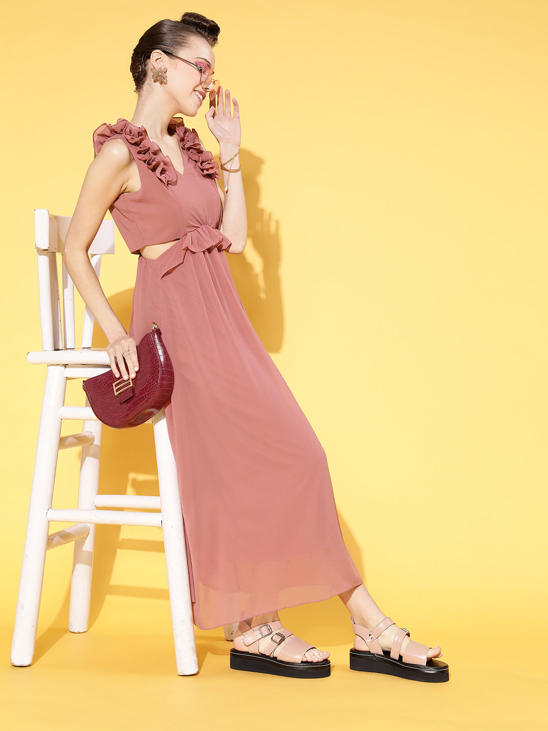 Women's Pink Casual Regular Fit Solid Sleeveless Dress