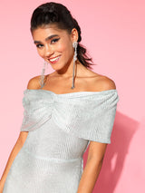 Women's Gray Party Regular Fit Solid Half Sleeves Dress