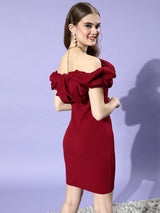 Women's Red Party Regular Fit Solid Half Sleeves Dress