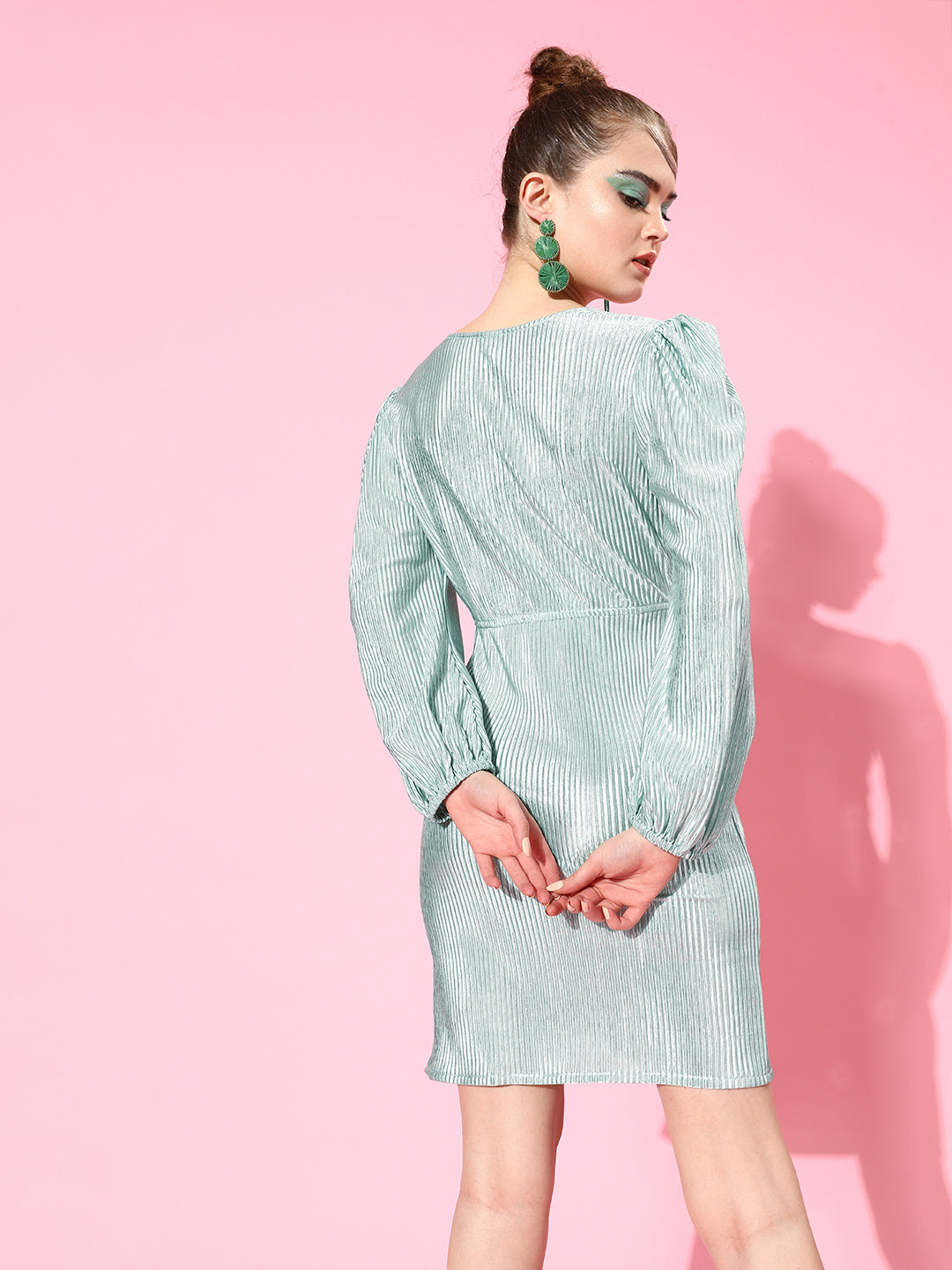 Women's Green Party Regular Fit Solid Full Sleeves Dress