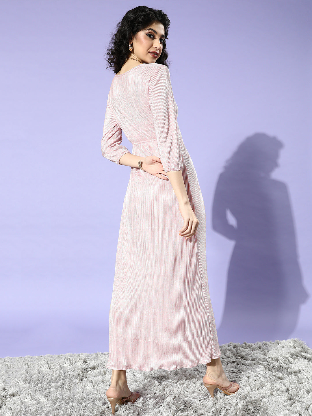 Women's Pink Party Regular Fit Embellished Three Quarter Sleeves Dress