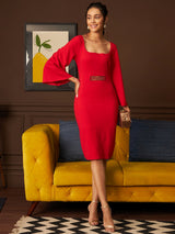 Women's Red Work Regular Fit Solid Full Sleeves Dress