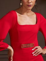 Women's Red Work Regular Fit Solid Full Sleeves Dress