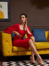 Women's Red Work Regular Fit Solid Full Sleeves Dress