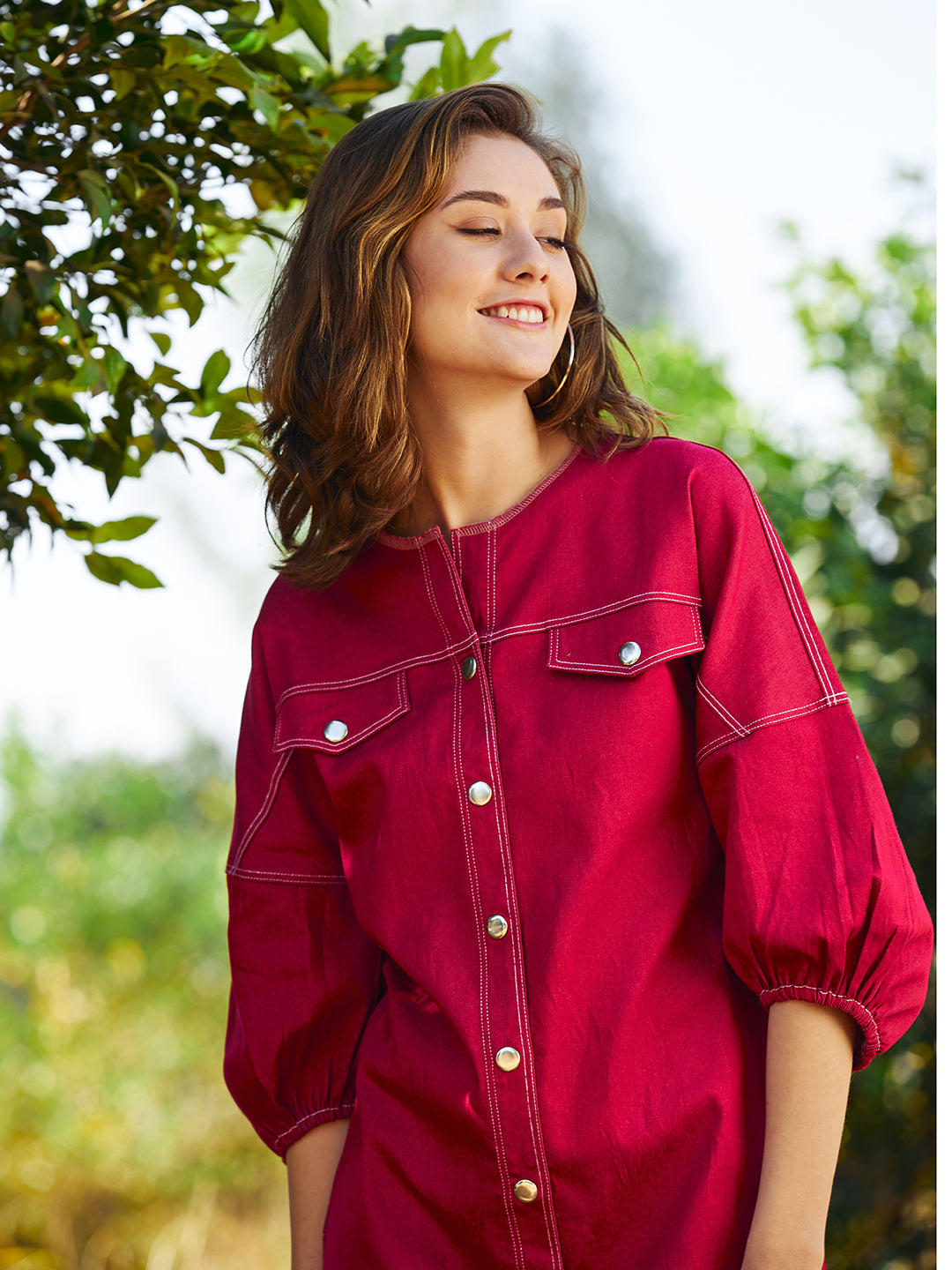 Women's Red Party Regular Fit Solid Three Quarter Sleeves Dress