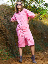 Women's Pink Casual Regular Fit Solid Three Quarter Sleeves Dress