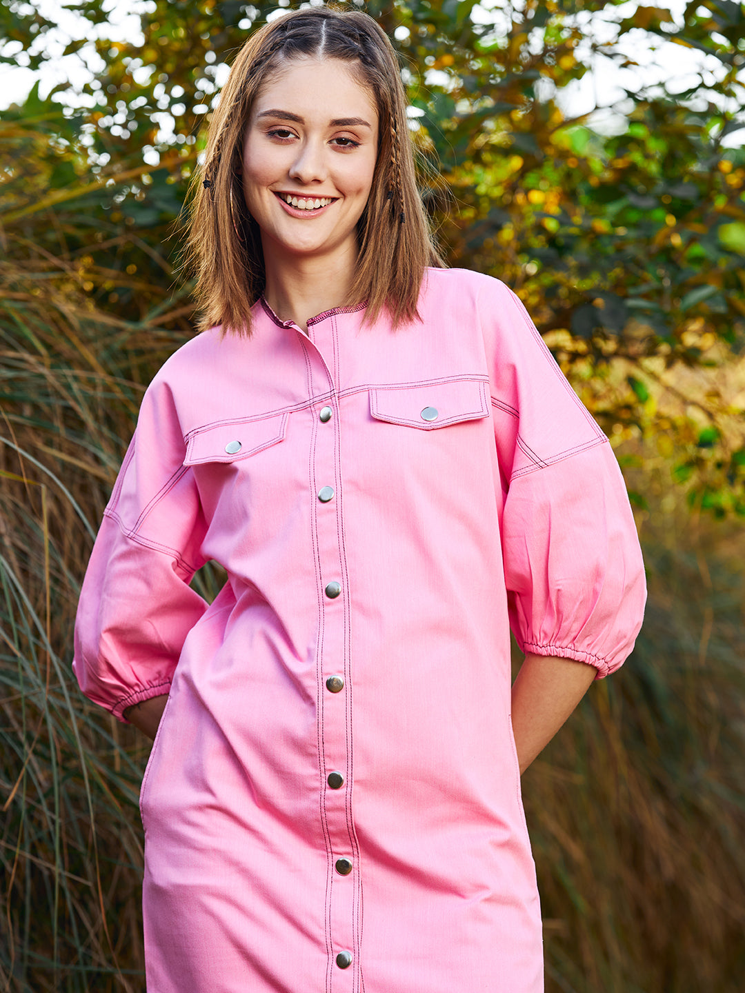 Women's Pink Casual Regular Fit Solid Three Quarter Sleeves Dress