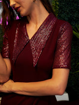 Women's Red Party Regular Fit Embellished Half Sleeves Dress