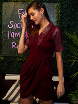 Women's Red Party Regular Fit Embellished Half Sleeves Dress