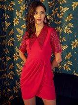 Women's Pink Party Regular Fit Embellished Half Sleeves Dress