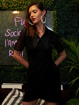 Women's Black Party Regular Fit Embellished Half Sleeves Dress