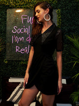 Women's Black Party Regular Fit Embellished Half Sleeves Dress