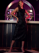 Women's Black Party Regular Fit Embellished Sleeveless Dress