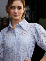 Women's Blue Casual Regular Fit Solid Three Quarter Sleeves Dress