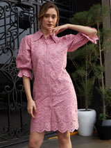Women's Pink Work Regular Fit Solid Three Quarter Sleeves Dress