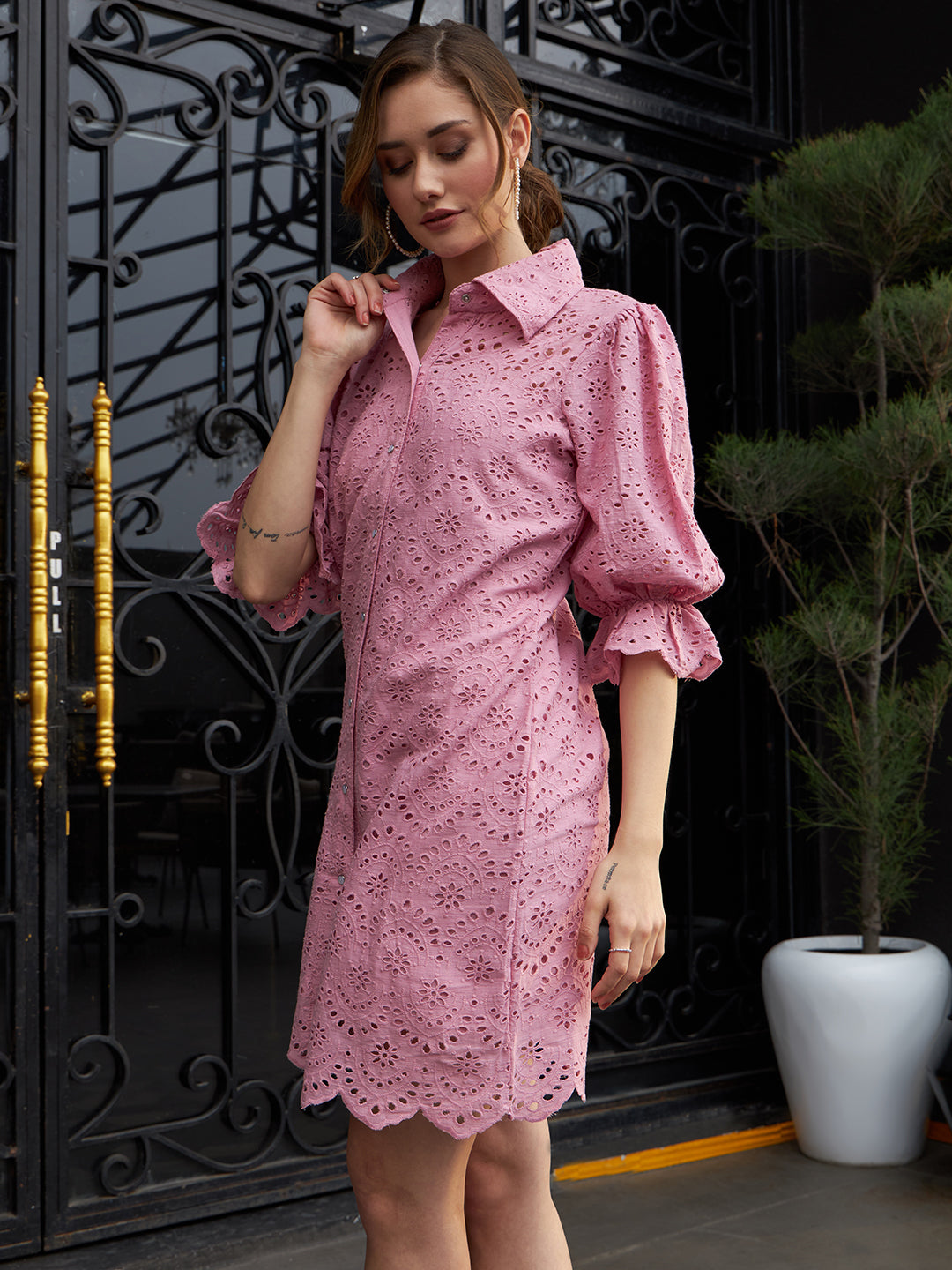 Women's Pink Work Regular Fit Solid Three Quarter Sleeves Dress