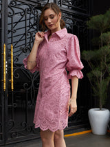 Women's Pink Work Regular Fit Solid Three Quarter Sleeves Dress