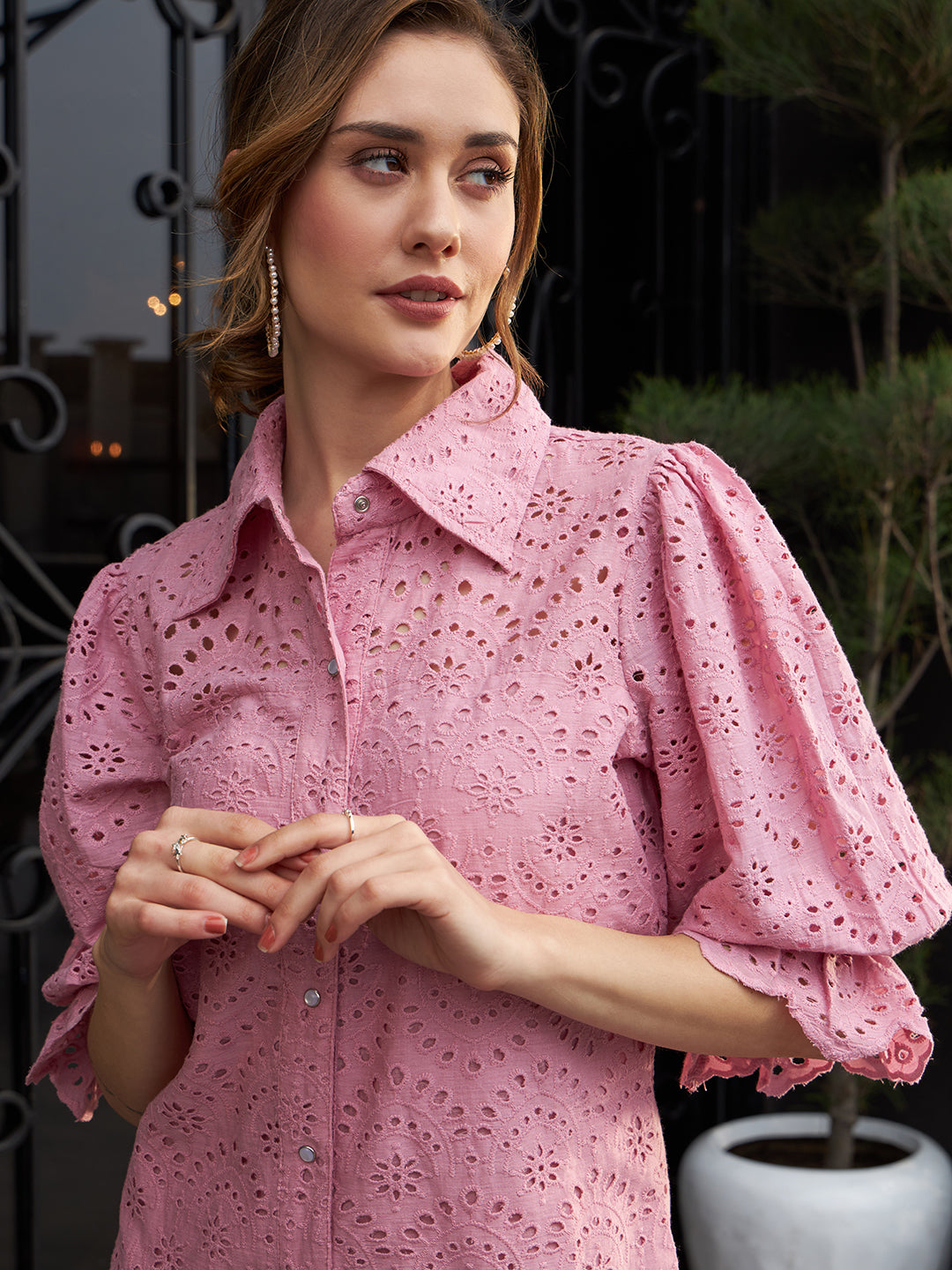Women's Pink Work Regular Fit Solid Three Quarter Sleeves Dress