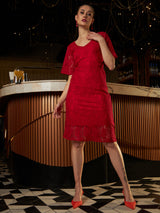 Women's Red Party Regular Fit Solid Half Sleeves Dress