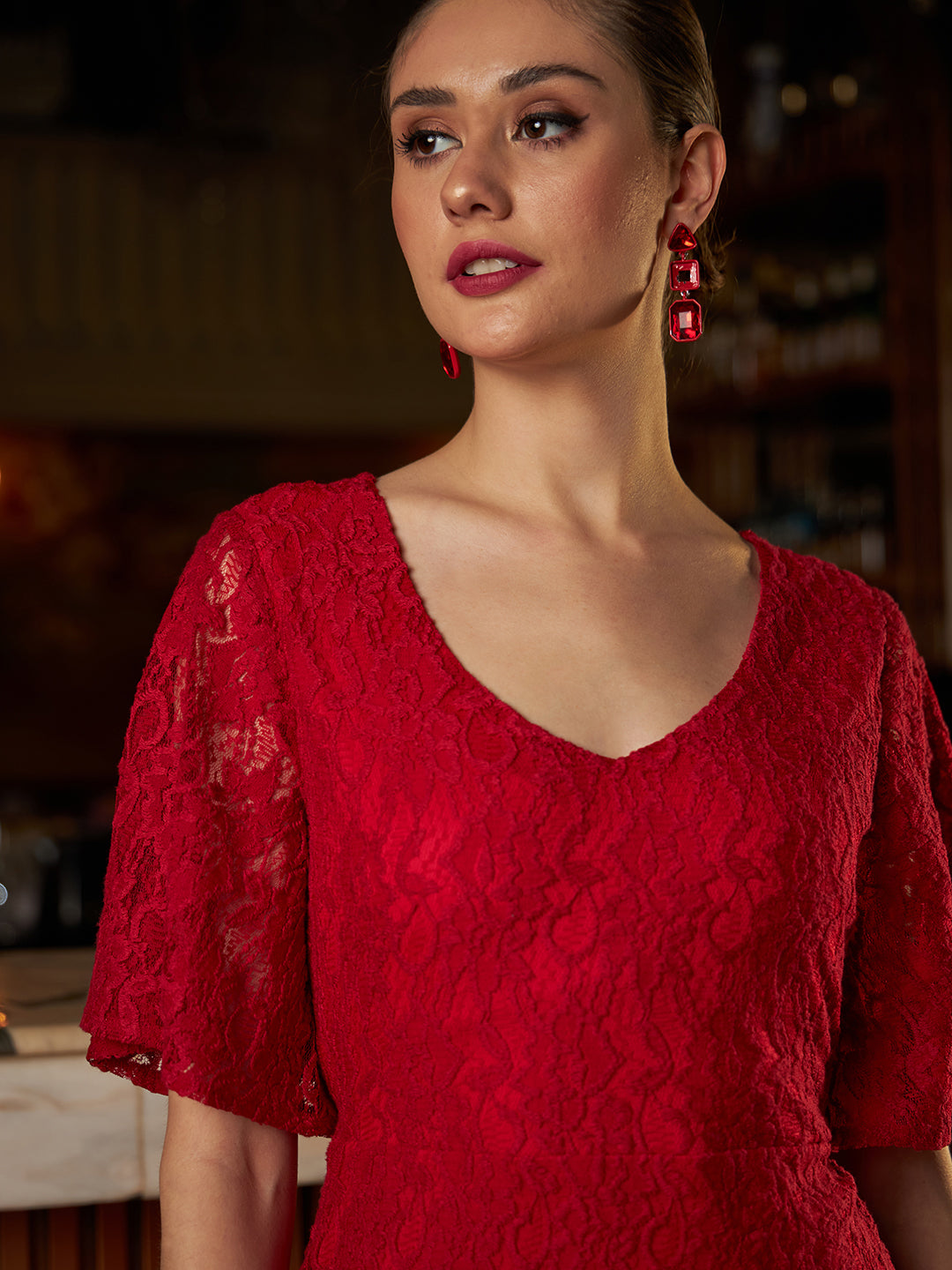 Women's Red Party Regular Fit Solid Half Sleeves Dress