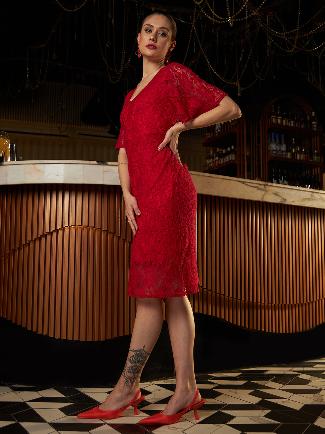 Women's Red Party Regular Fit Solid Half Sleeves Dress