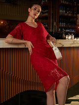 Women's Red Party Regular Fit Solid Half Sleeves Dress