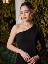 Women's Black Party Regular Fit Solid Full Sleeves Dress