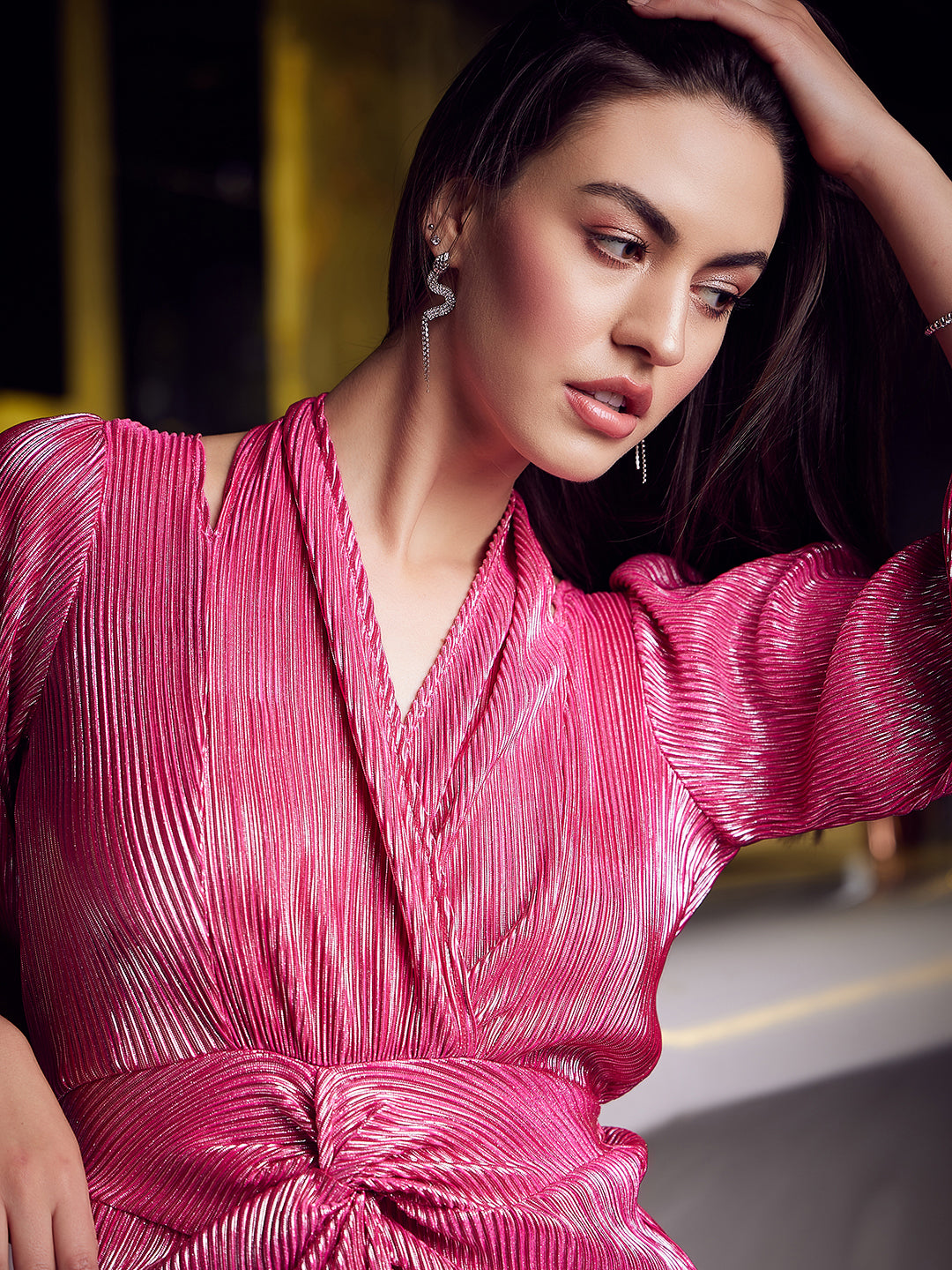 Women's Pink Party Regular Fit Solid Three Quarter Sleeves Dress