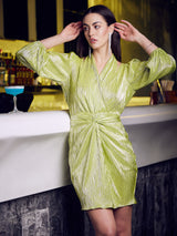 Women's Green Party Regular Fit Embellished Three Quarter Sleeves Dress