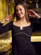 Women's Black Party Regular Fit Embellished Three Quarter Sleeves Dress