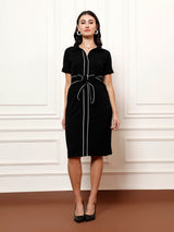Women's Black Casual a-line Solid Half Sleeves Dress