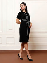 Women's Black Casual a-line Solid Half Sleeves Dress