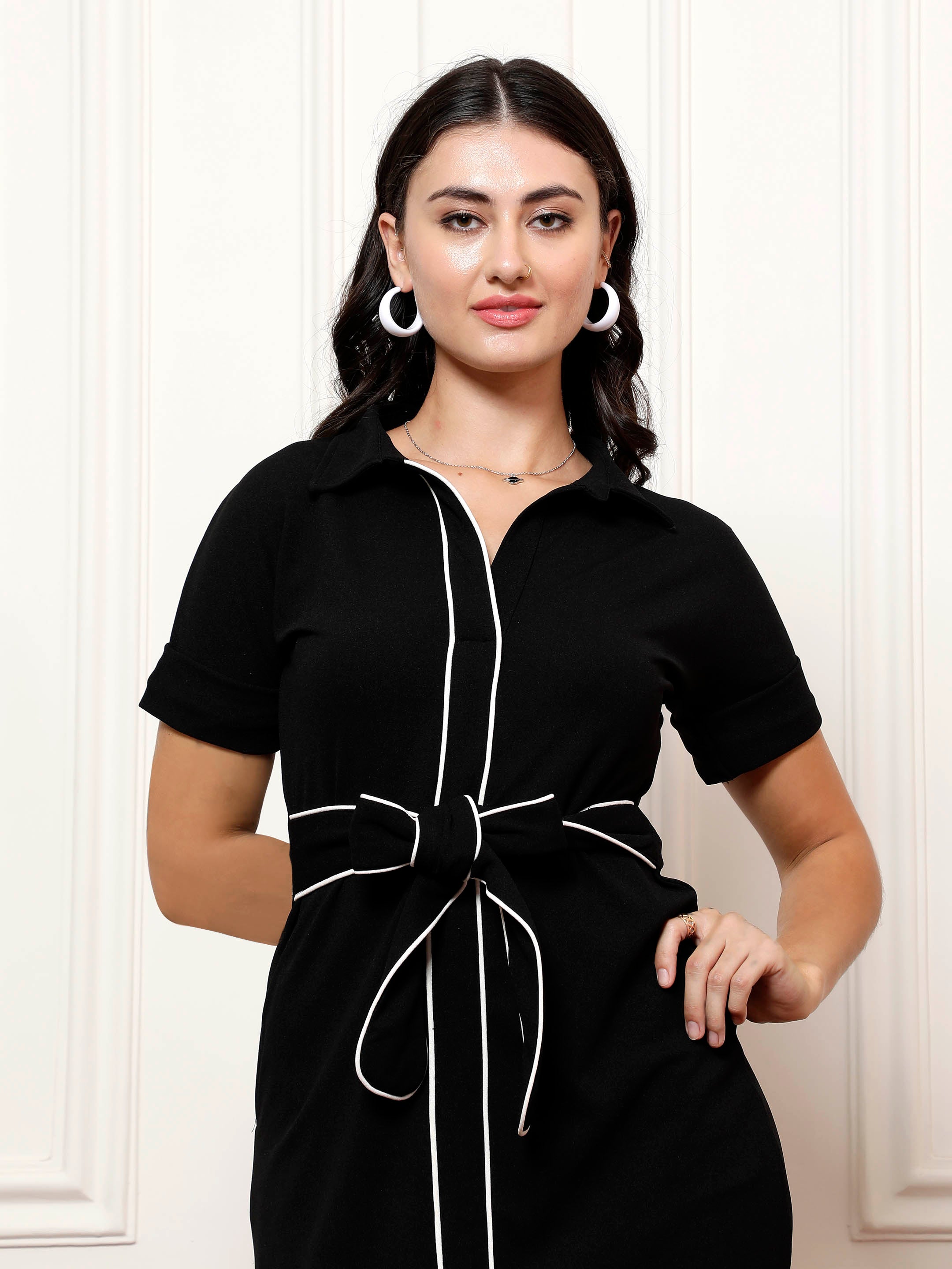 Women's Black Casual a-line Solid Half Sleeves Dress