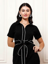 Women's Black Casual a-line Solid Half Sleeves Dress