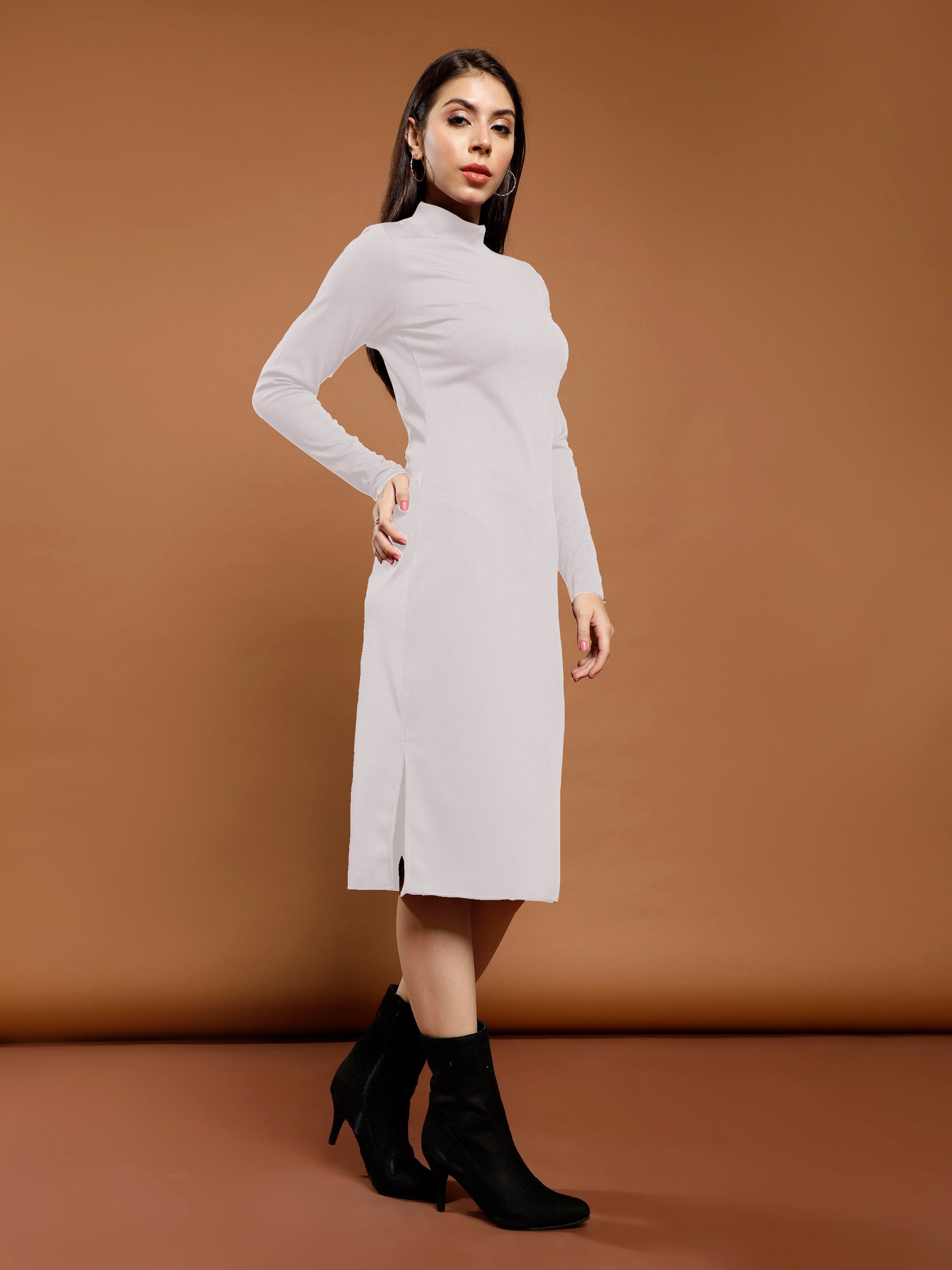 Women's White Work Bodycon Solid Full Sleeves Dress