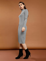 Women's Gray Party Bodycon Solid Full Sleeves Dress