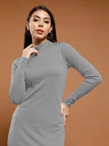 Women's Gray Party Bodycon Solid Full Sleeves Dress