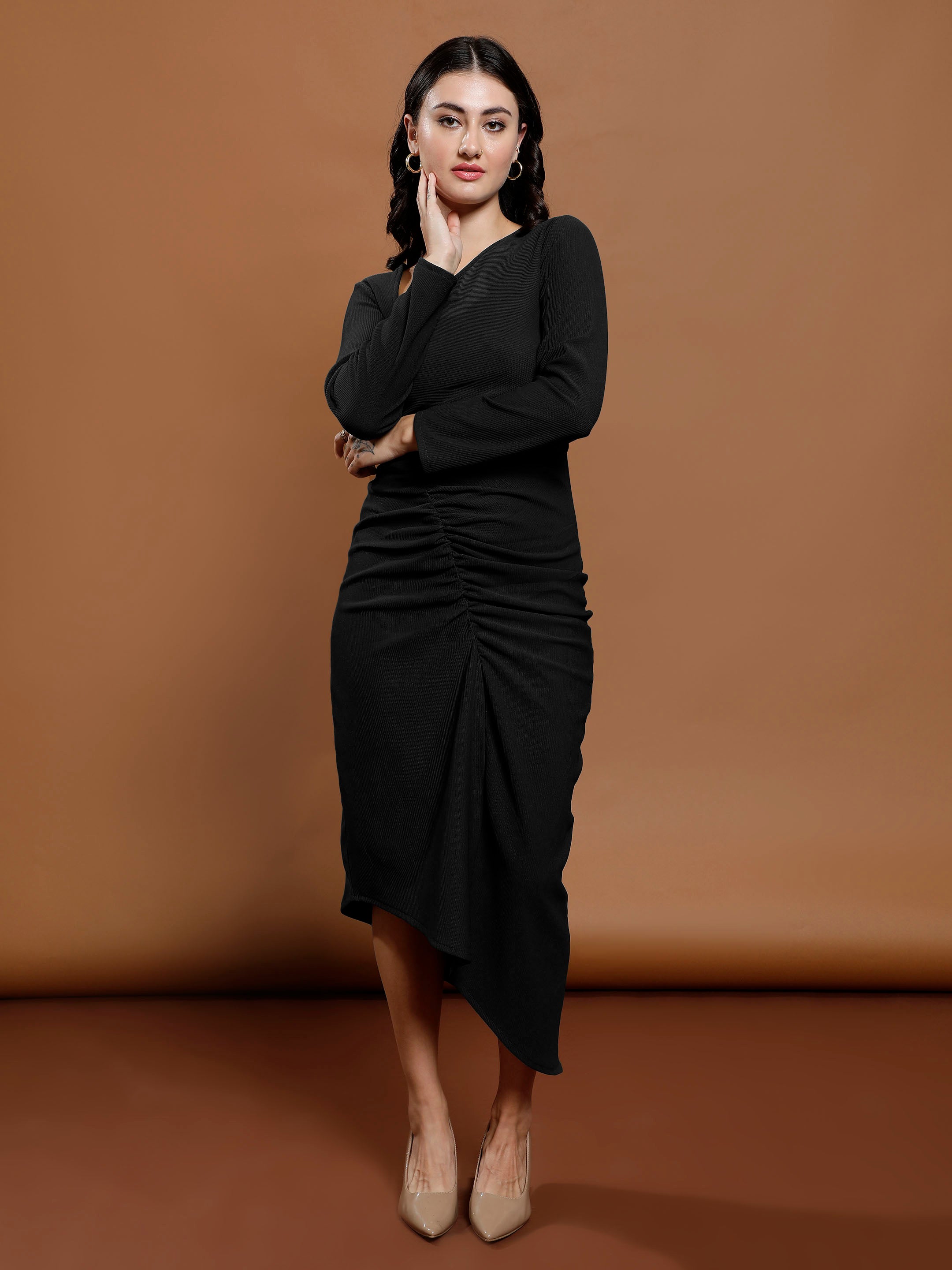 Women's Black Party Bodycon Solid Full Sleeves Dress