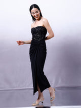 Women's Black Party Maxi Embellished Sleeveless Dress