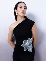 Women's Black Party Wrap Embellished Sleeveless Dress