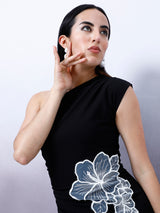 Women's Black Party Wrap Embellished Sleeveless Dress