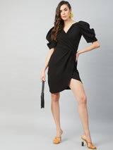 Women's Black Work Regular Fit Solid Half Sleeves Dress