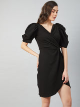Women's Black Work Regular Fit Solid Half Sleeves Dress